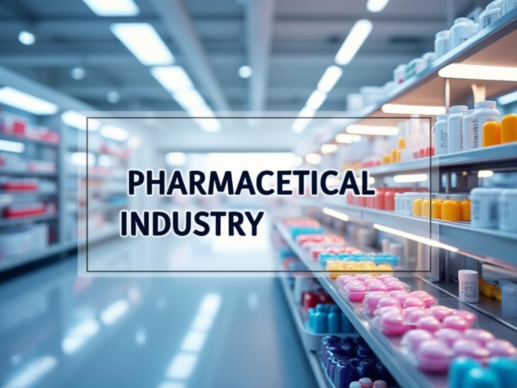 Estantes de farmacia con frascos y envases de medicamentos, fondo borroso y texto 'Pharmaceutical Industry' en primer plano.