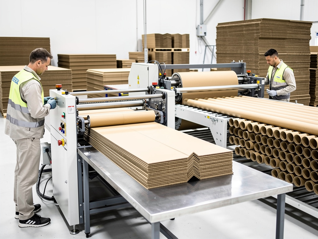 Operarios manejando máquina industrial de cartón corrugado en fábrica con láminas y tubos de cartón apilados