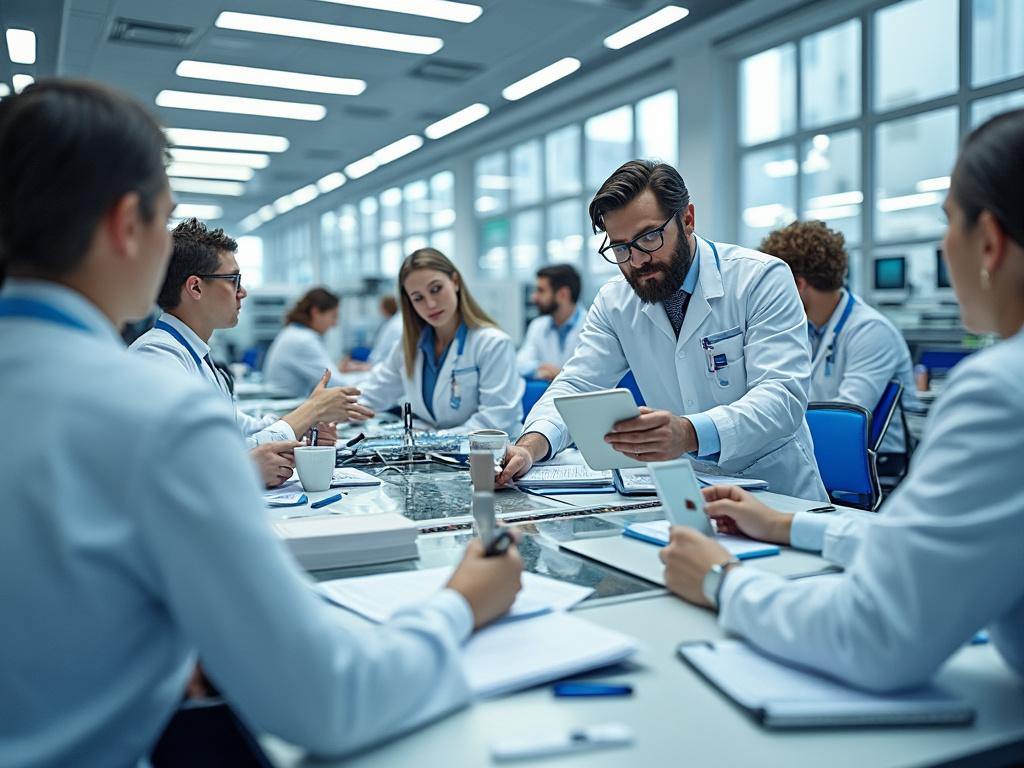 Grupo de médicos con batas blancas discutiendo en una sala de reuniones médica. Grupo de médicos con batas blancas discutiendo en una sala de reuniones médica.