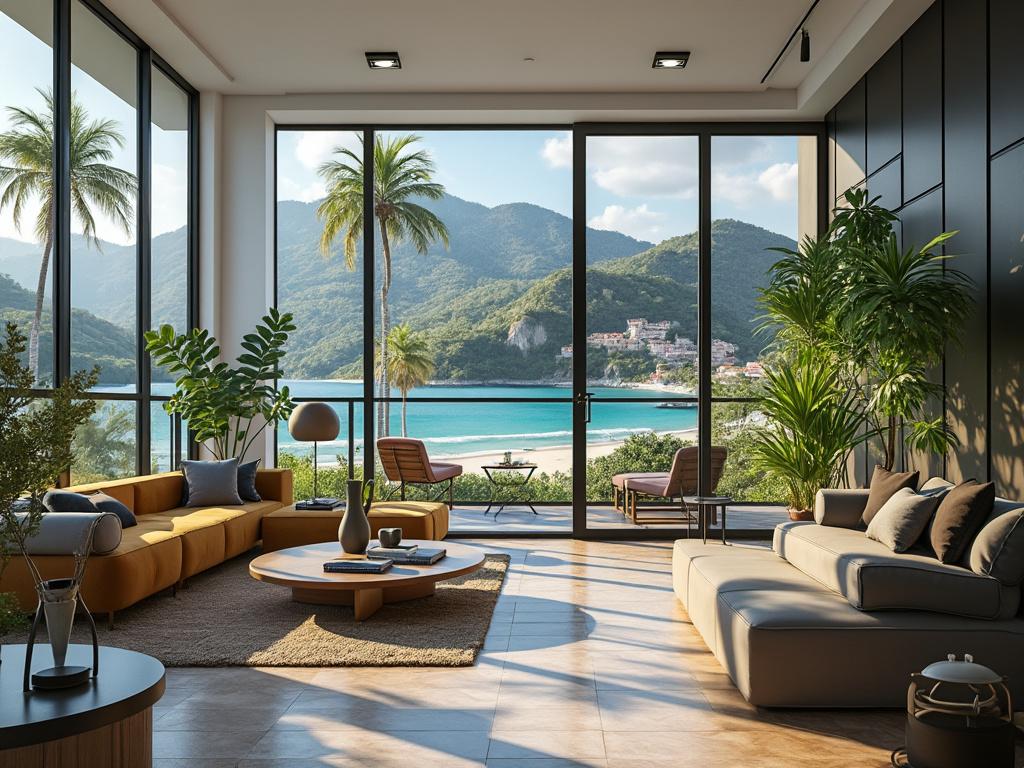 Sala moderna con grandes ventanales, vista al mar y montañas, decorada con sofás beige y plantas tropicales.