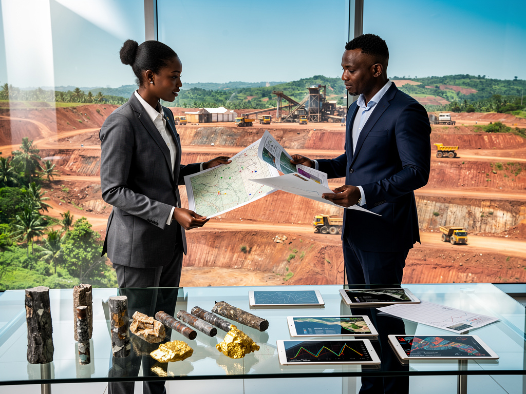 Mining executives reviewing site maps and mineral samples overlooking an open-pit mine