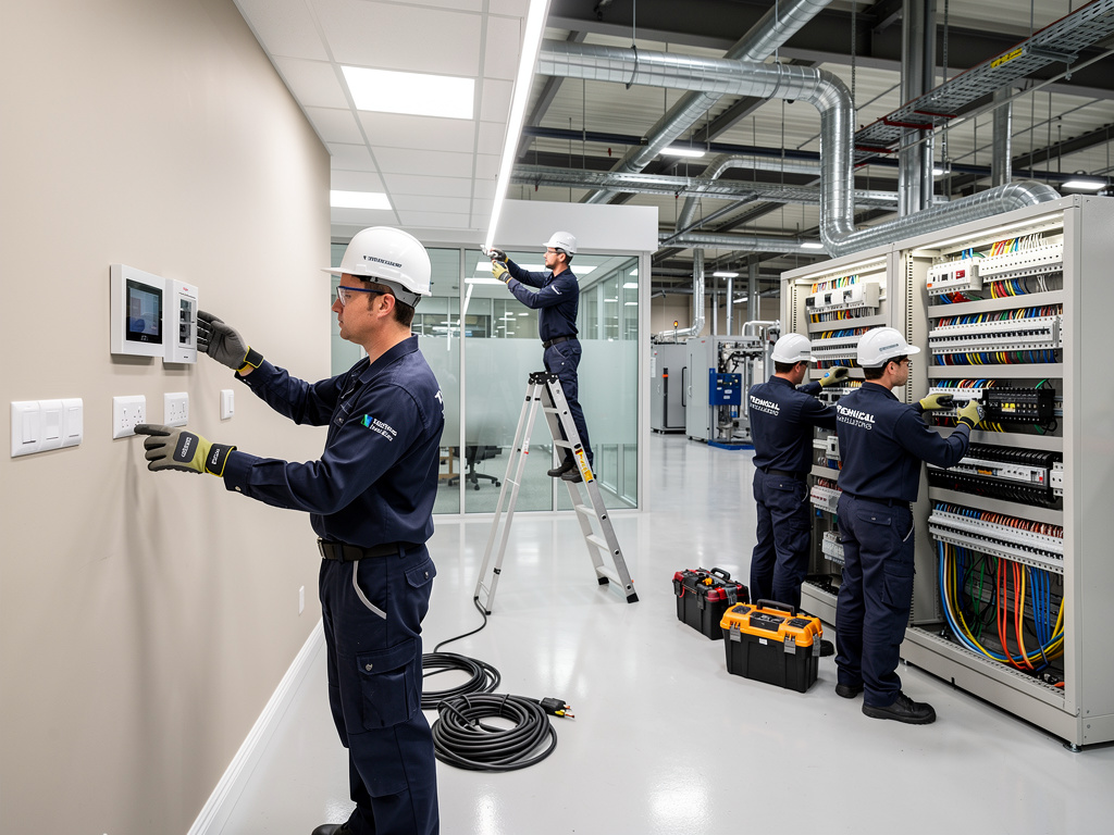 Técnicos electricistas instalando paneles de control, cableado estructurado y sistemas eléctricos en una instalación industrial moderna