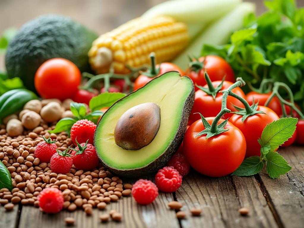 Variedad de alimentos frescos incluyendo aguacate, maíz, tomates, frambuesas y legumbres sobre una mesa de madera.