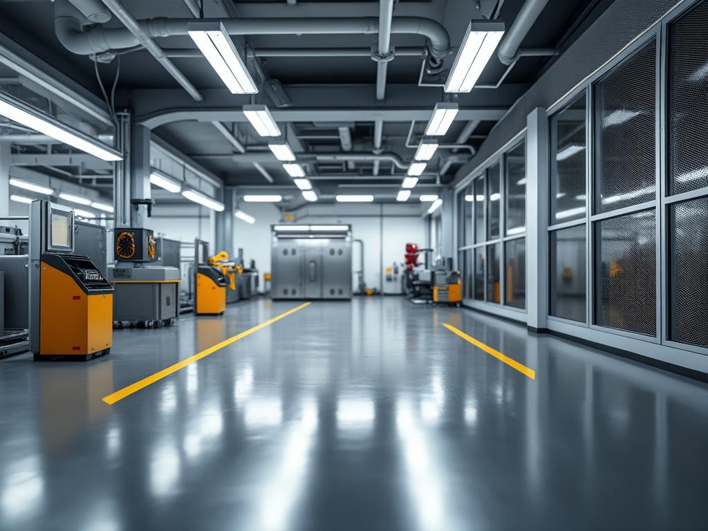 Interior de una fábrica moderna con equipo industrial y piso brillante.