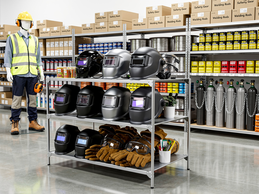 Tienda de suministros industriales con cascos de soldadura, guantes, gafas de seguridad, maniquí con EPI y estanterías de equipos de protección