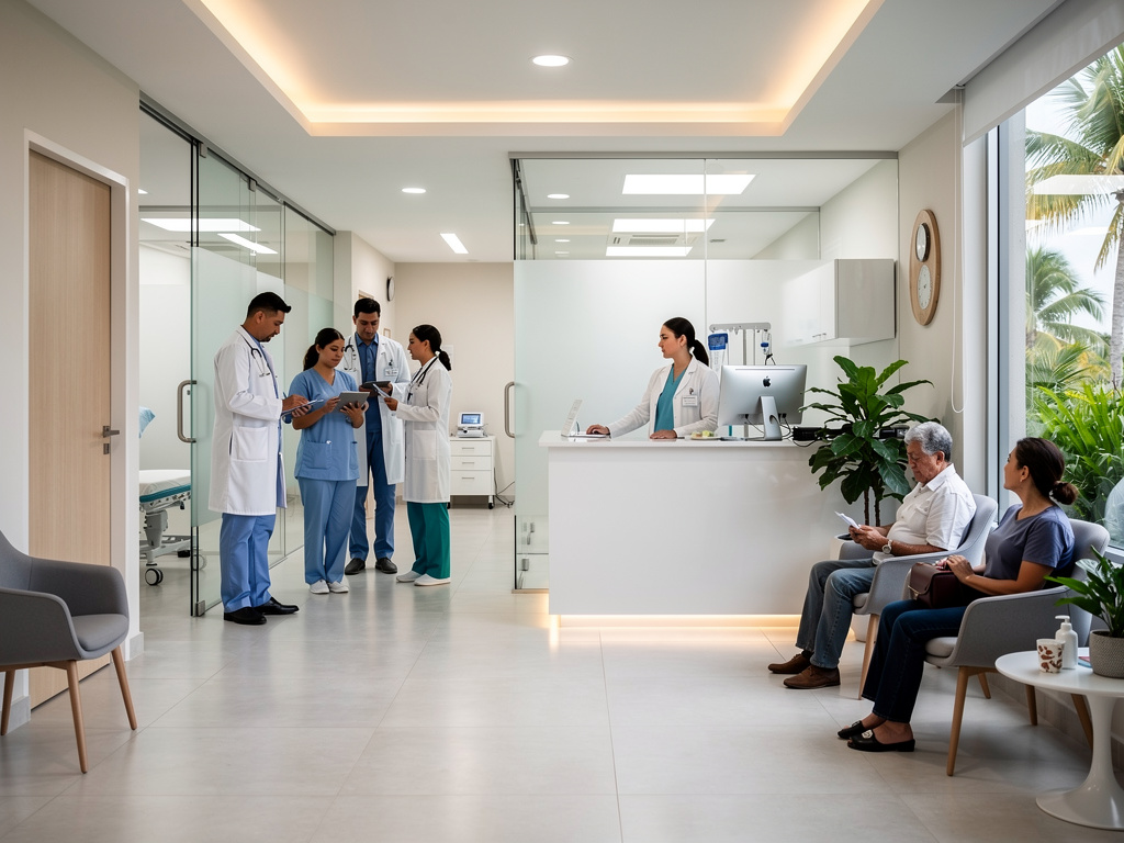 Recepción de clínica médica moderna con doctores, enfermera y pacientes en sala de espera