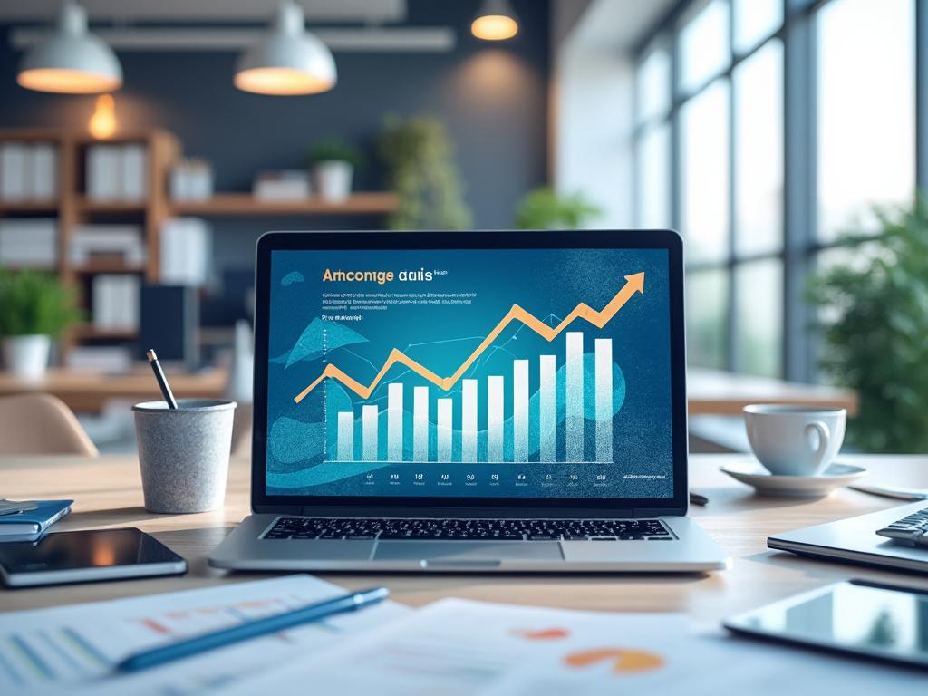 Portátil en escritorio con gráfico de barras y flecha ascendente en pantalla, rodeado de plantas y artículos de oficina con luz natural entrando por las ventanas.