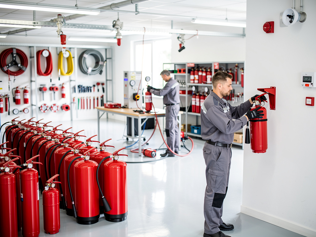 Técnicos revisando extintores rojos en taller de mantenimiento contra incendios