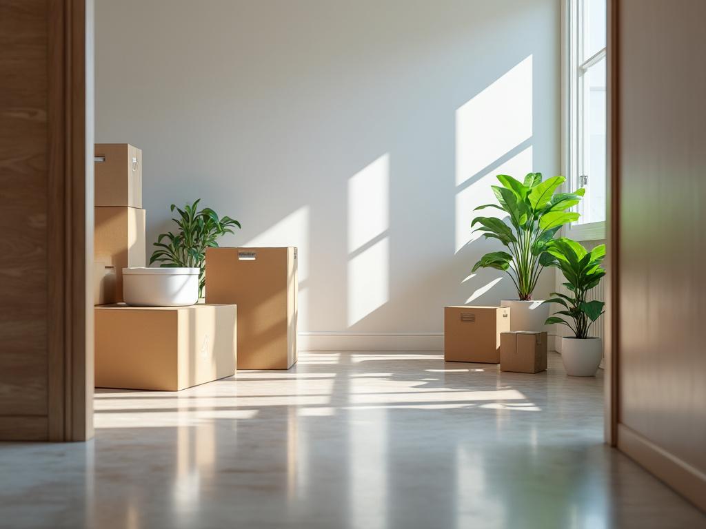 Sunlit room with cardboard boxes and green potted plants.