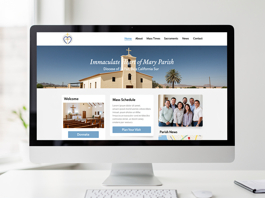 Sitio web de la parroquia Immaculate Heart of Mary en pantalla de ordenador con horarios de misa y noticias Sitio web de la parroquia Immaculate Heart of Mary en pantalla de ordenador con horarios de misa y noticias
