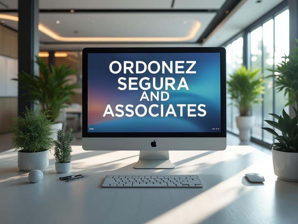 Pantalla de ordenador con texto 'Ordonez Segura and Associates' en una oficina moderna con plantas.