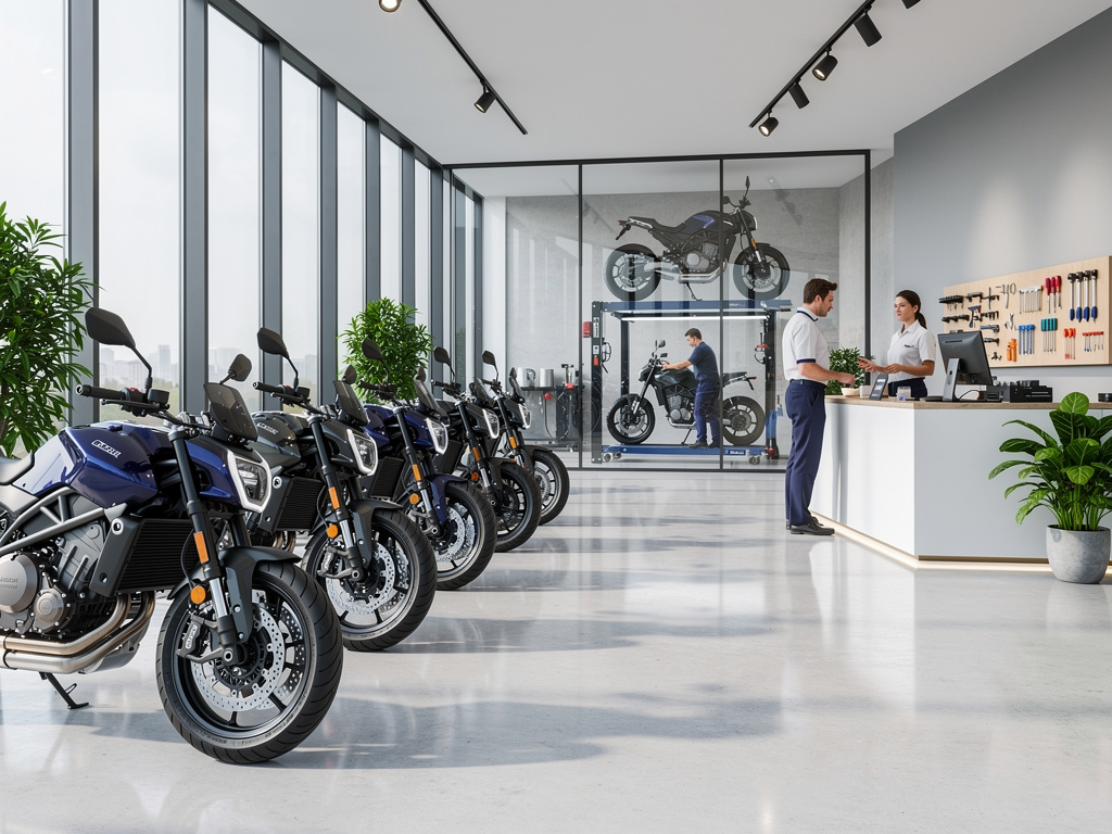 Concesionario moderno de motocicletas con motos en exhibición, mostrador de atención y taller de servicio al fondo Concesionario moderno de motocicletas con motos en exhibición, mostrador de atención y taller de servicio al fondo
