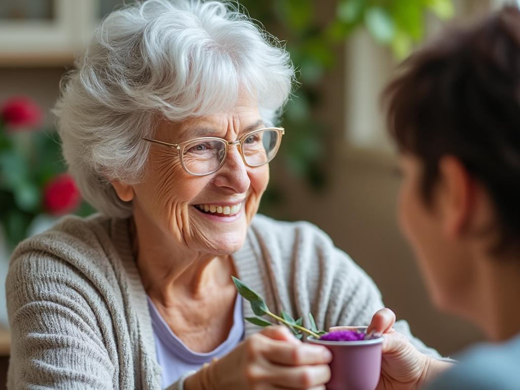 Elderly woman smiling and holding a potted plant while talking to another person indoors.