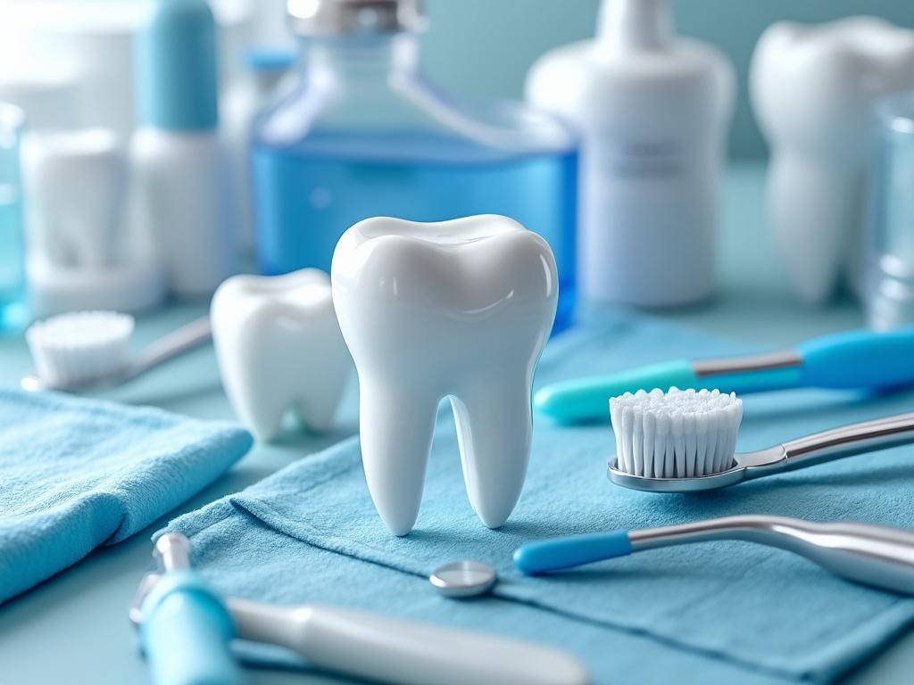 Modelo de diente y herramientas dentales en fondo azul claro, incluyendo cepillo de dientes, espejo dental y botellas de productos de higiene oral.