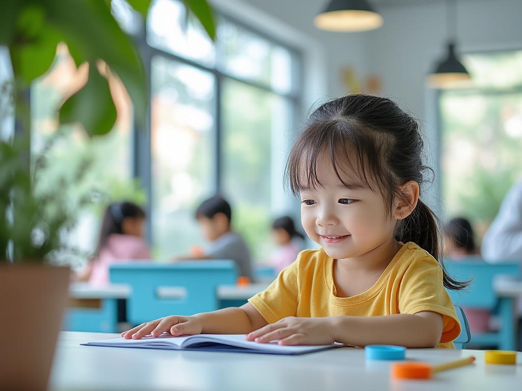 Niña pequeña sonriendo mientras lee un libro en una mesa de aula, rodeada de compañeros escolares.