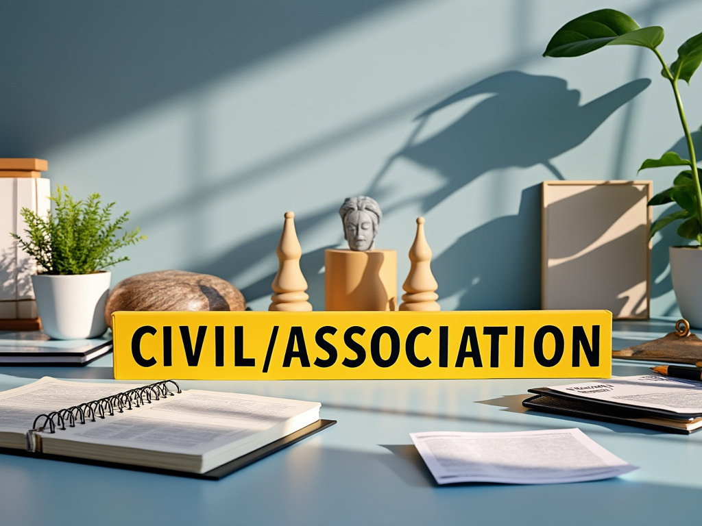 Mesa de oficina con letrero amarillo que dice 'Civil/Association', rodeado de libros, plantas y adornos.