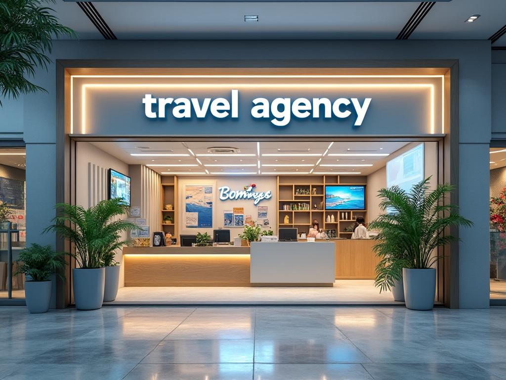 Fachada de una agencia de viajes moderna con iluminación brillante y plantas decorativas en la entrada.