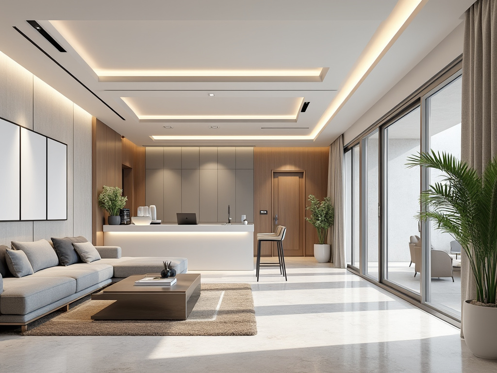 Sala de estar moderna con decoración minimalista, sofá gris, mesa de centro, plantas y grandes ventanas que ofrecen luz natural.