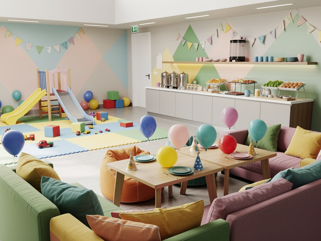 Sala de fiestas infantiles con globos, mesas decoradas, zona de juegos con tobogán y buffet de comida