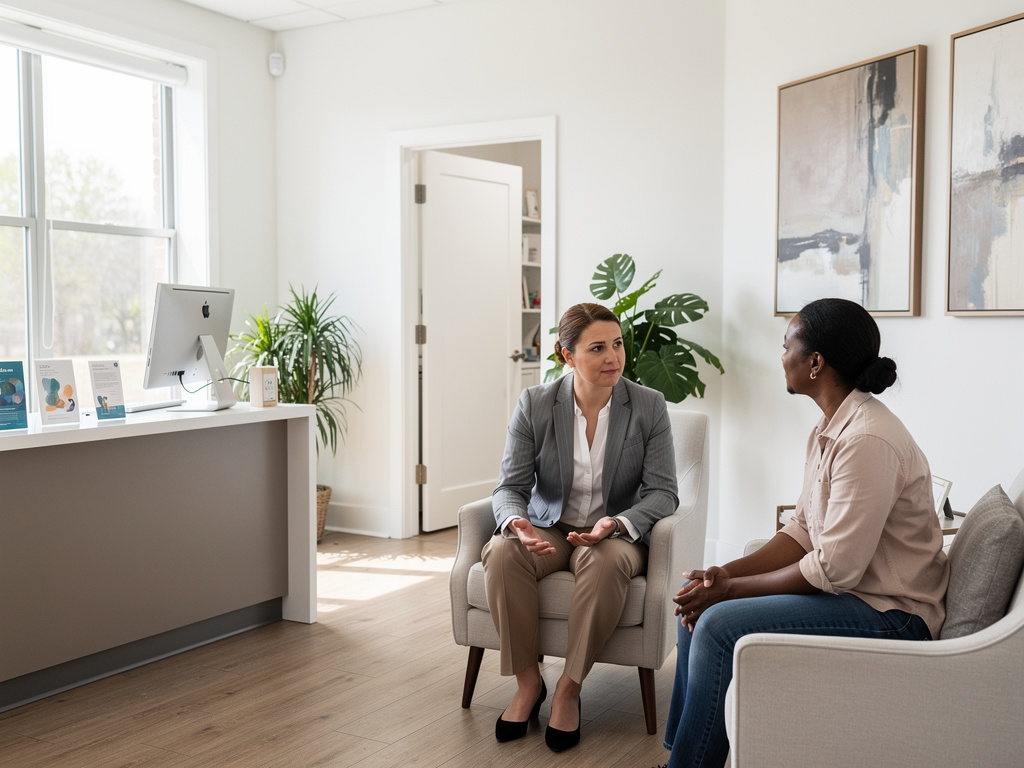 Therapist consulting with client in bright modern counseling office with plants and abstract wall art