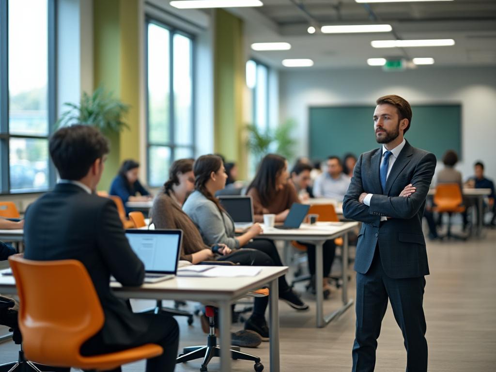 Oficina moderna con personas trabajando, hombre de traje de pie, escritorios con computadoras portátiles.