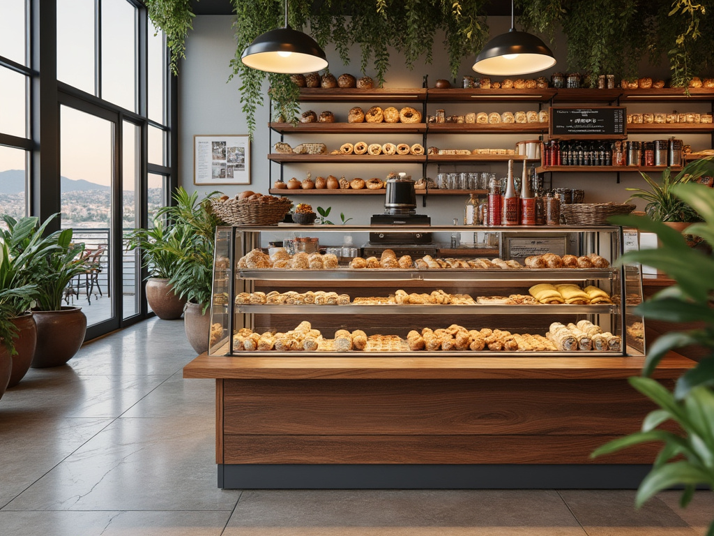 Interior de una moderna panadería con exhibidor de repostería, plantas decorativas y estanterías llenas de panes.