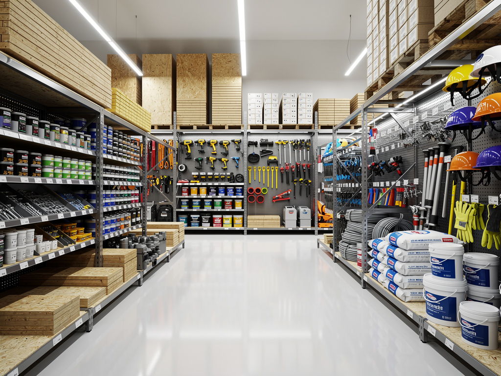 Pasillo de tienda de bricolaje con estanterías de herramientas, pinturas, madera, cascos de seguridad y materiales de construcción