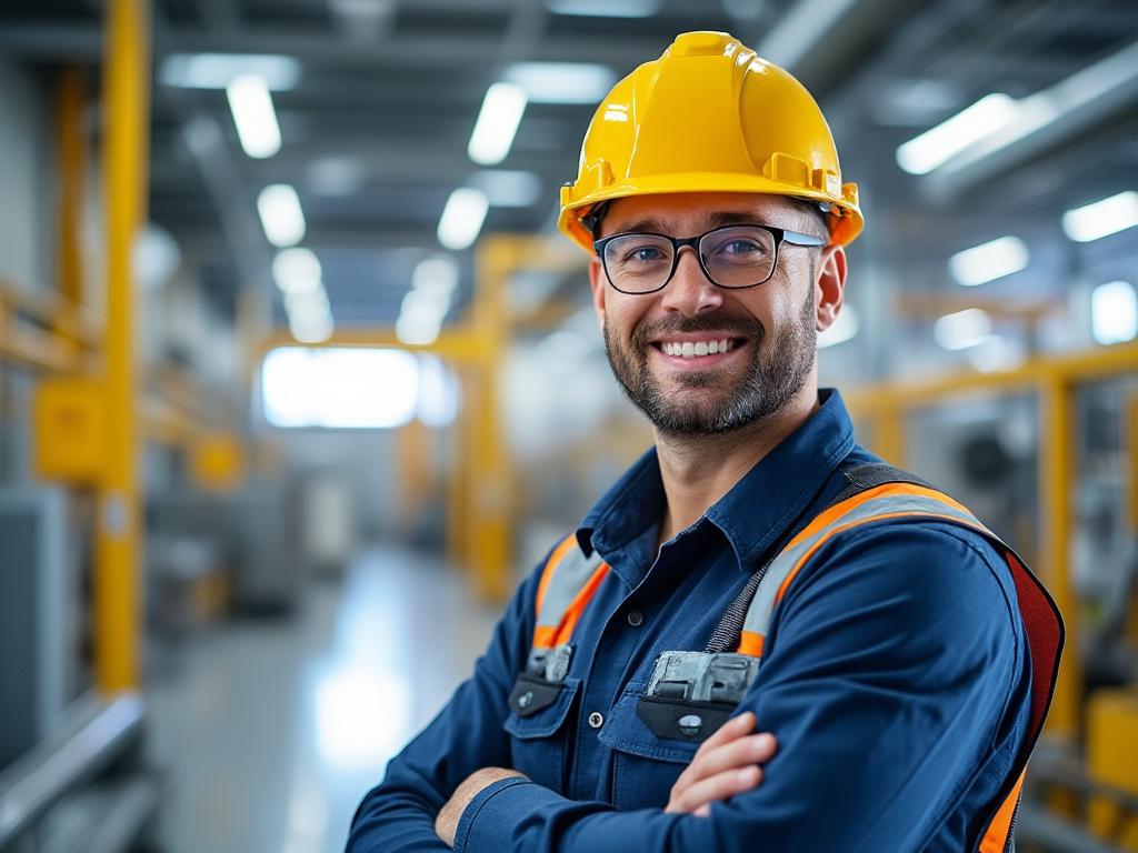 Trabajador de la construcción sonriendo, con casco amarillo y chaleco reflectante, en un entorno industrial moderno.