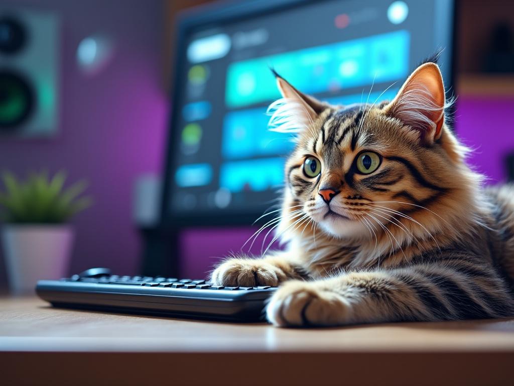 A fluffy tabby cat lying on a desk with a keyboard, a computer screen in the background, and a potted plant nearby, in a cozy home office setting.