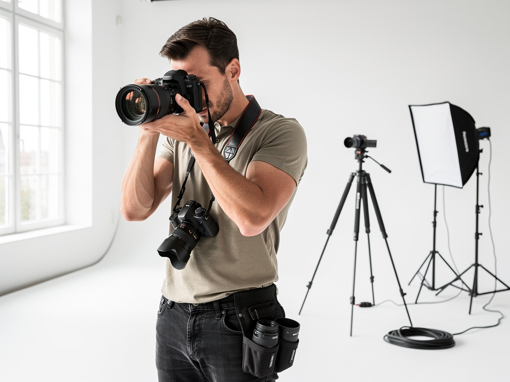Professional photographer shooting with DSLR camera in bright photo studio with lighting equipment and tripod