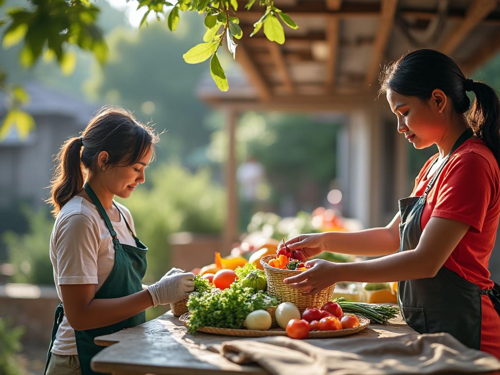 Dos mujeres jóvenes con delantales seleccionan verduras frescas en un mercado al aire libre, rodeadas de vegetación y luz natural suave.