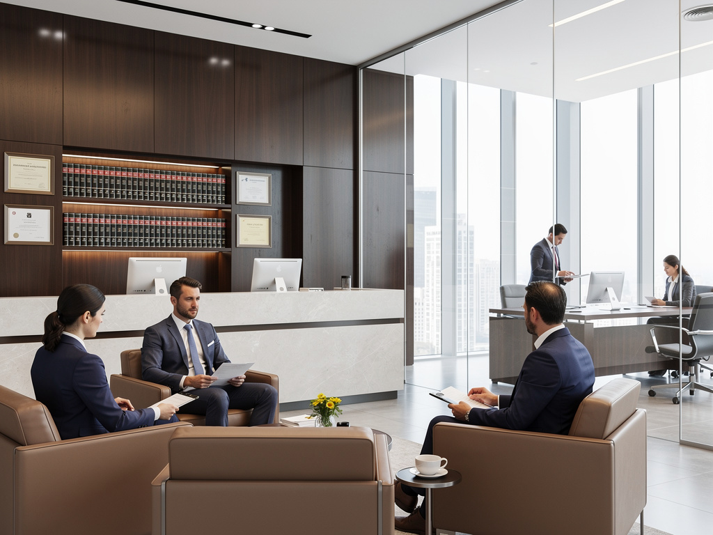 Despacho de abogados moderno con profesionales en reunión, recepción elegante y biblioteca jurídica