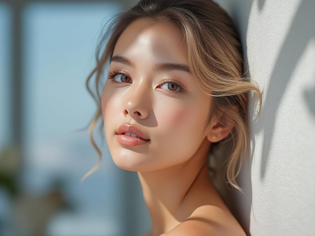 Retrato de mujer joven con cabello ondulado rubio y piel radiante, apoyada contra una pared iluminada por el sol.