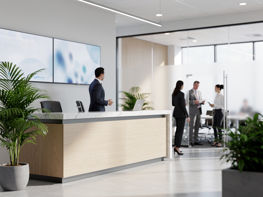 Recepción moderna de oficina corporativa con mostrador, pantallas digitales, plantas y profesionales reunidos en sala de cristal