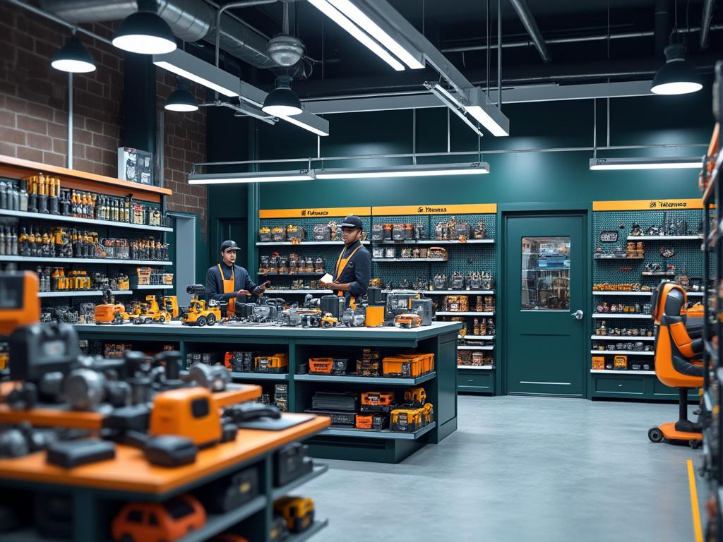 Tienda de herramientas con estantes llenos de productos y dos empleados conversando en el mostrador central.