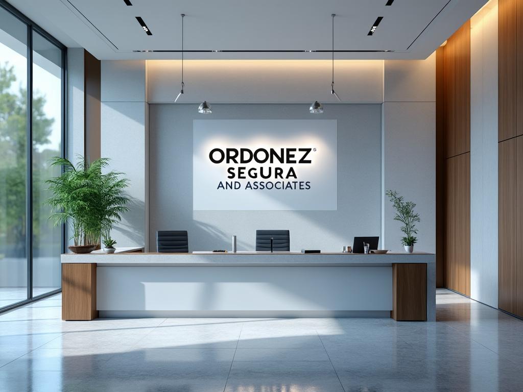 Recepción moderna de una oficina con cartel de Ordonez Segura and Associates, plantas decorativas y escritorio elegante.