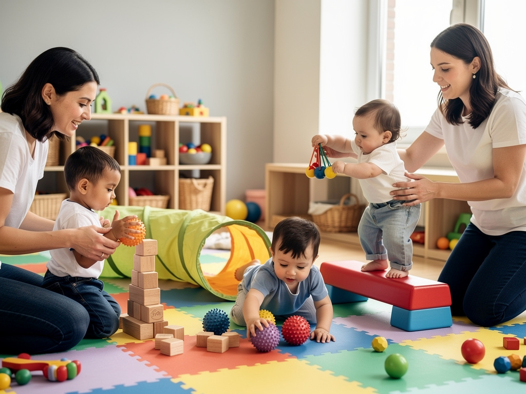 Guardería infantil con cuidadoras jugando con bebés y juguetes educativos en sala colorida