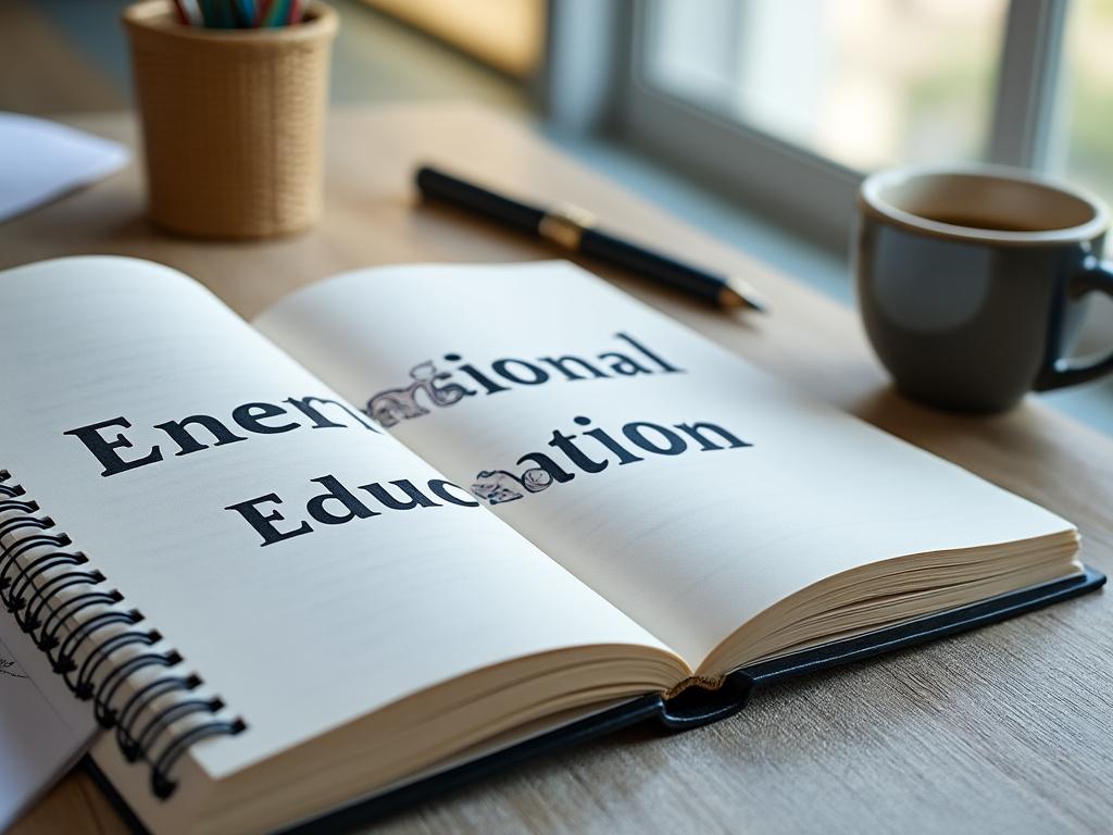 Cuaderno abierto sobre una mesa junto a una taza de café y útiles de escritura, con la inscripción 'Energacional Education' visible.