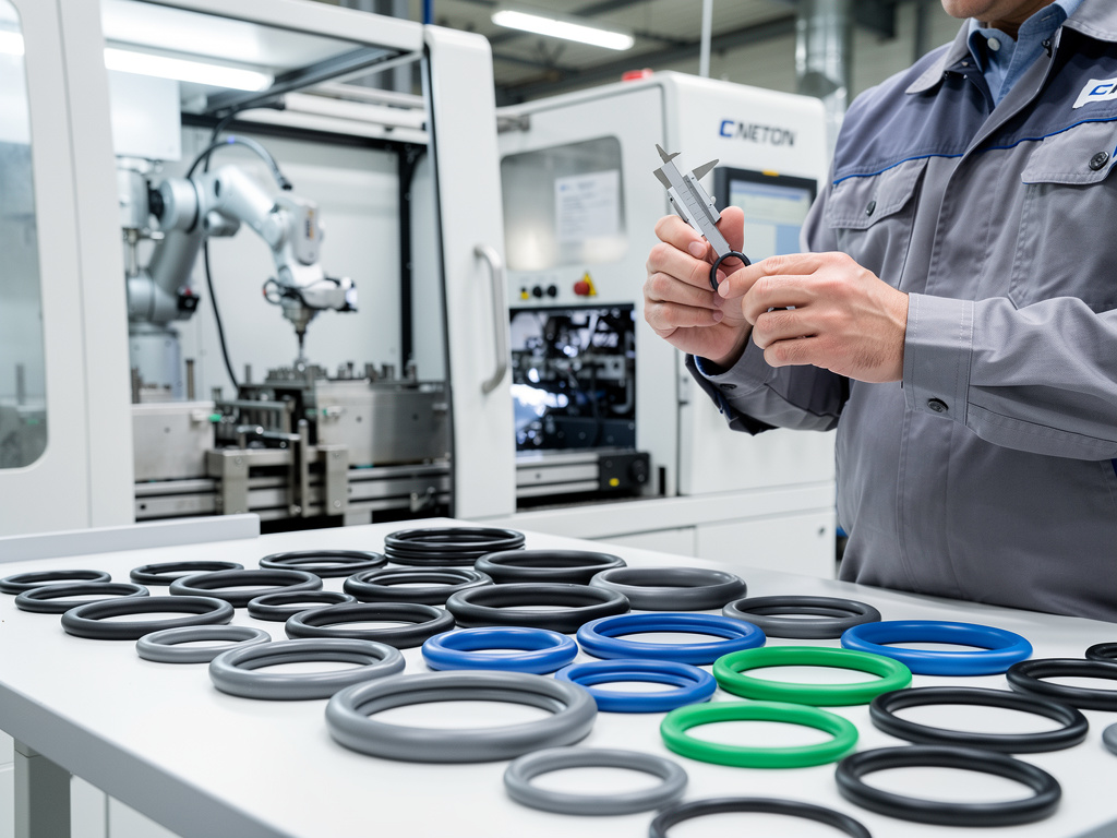 Técnico inspecciona juntas tóricas industriales con calibre en fábrica automatizada