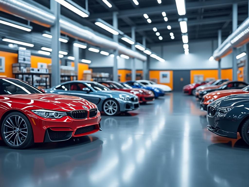 Coches deportivos estacionados en fila en un concesionario moderno con iluminación brillante y diseño interior en tonos naranjas y grises. Coches deportivos estacionados en fila en un concesionario moderno con iluminación brillante y diseño interior en tonos naranjas y grises.