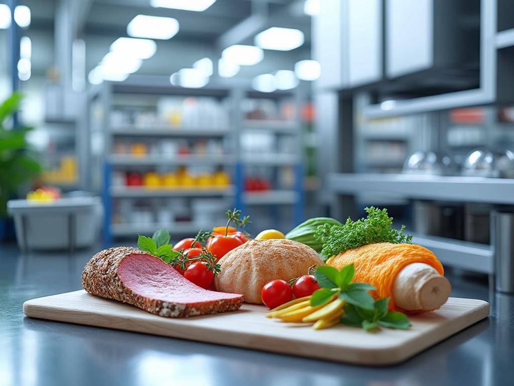 Tabla de cocina con pan, carne, tomates cherry y hierbas frescas en una cocina moderna.