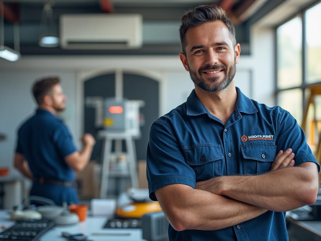 Hombre con uniforme azul sonriente en oficina moderna con compañero de trabajo al fondo.