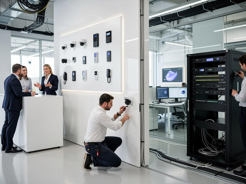 Instalación de cámaras de seguridad, controles de acceso y rack de servidores en oficina moderna