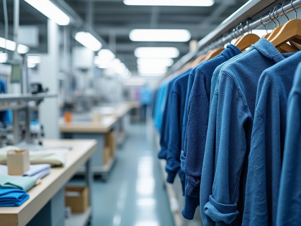 Ropa azul colgada en perchas en una moderna línea de producción textil con mesas de trabajo al fondo.