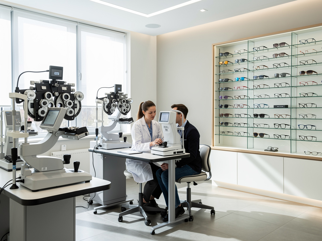 Optometrista realizando examen visual a paciente en clínica óptica moderna con equipos oftalmológicos y exhibición de gafas