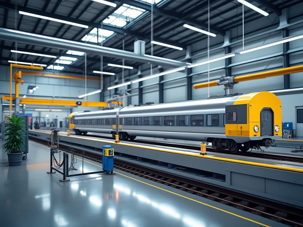 Imagen de un tren de pasajeros moderno y amarillo en un taller industrial con iluminación brillante y equipos de mantenimiento.