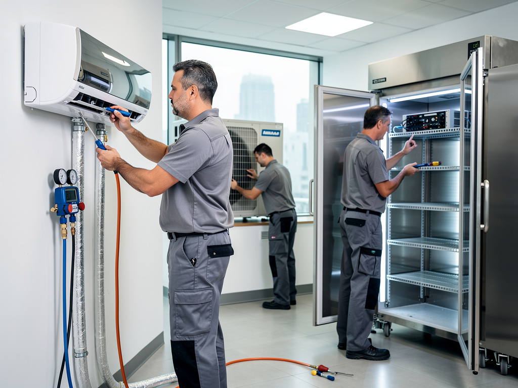 Técnicos de climatización realizando mantenimiento de aire acondicionado, unidad exterior y refrigerador industrial en laboratorio Técnicos de climatización realizando mantenimiento de aire acondicionado, unidad exterior y refrigerador industrial en laboratorio