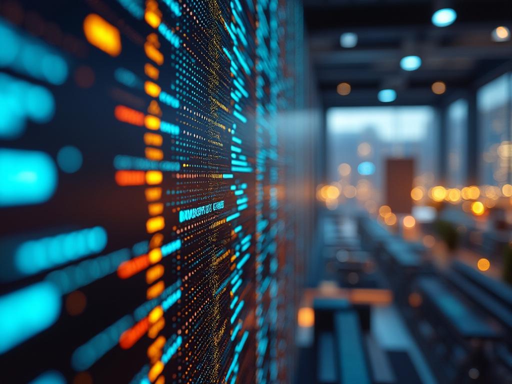 Panel digital con datos luminosos azules y naranjas en oficina moderna, concepto de tecnología y análisis de información