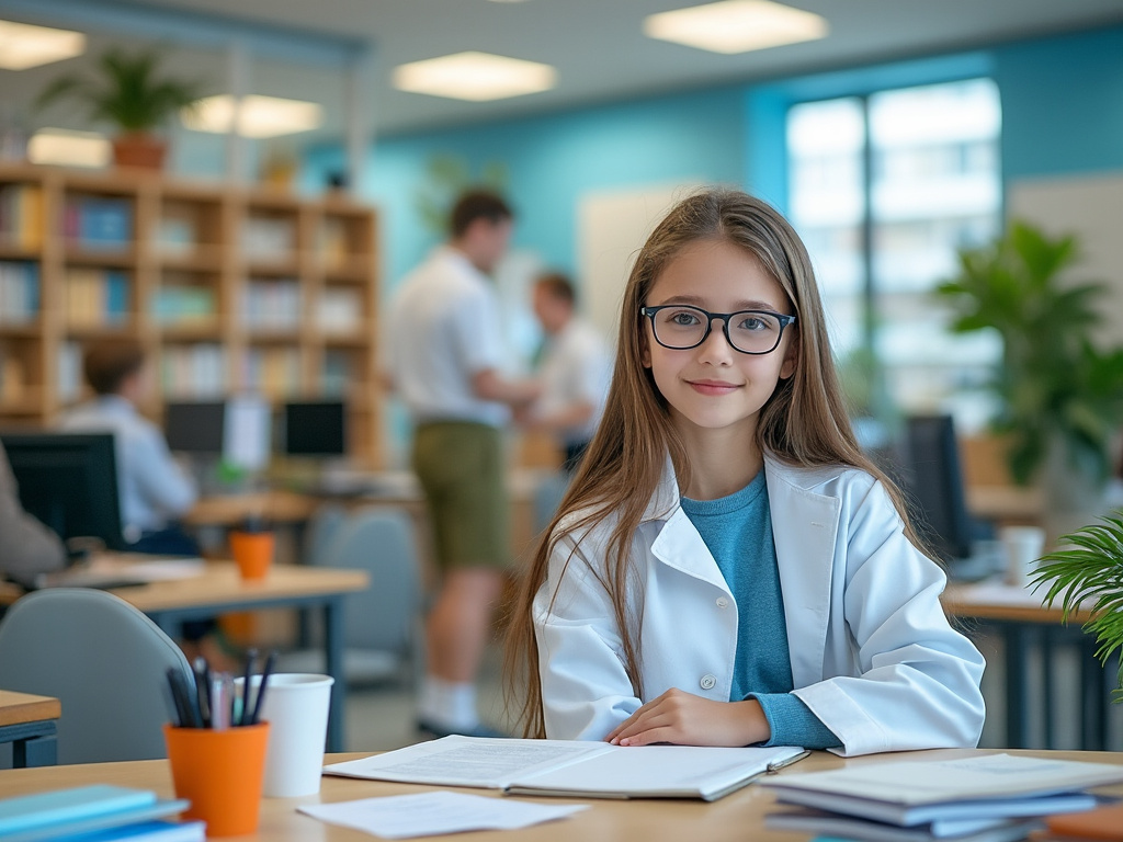 Niña con bata de laboratorio y gafas en aula moderna con computadoras y estantes en el fondo.