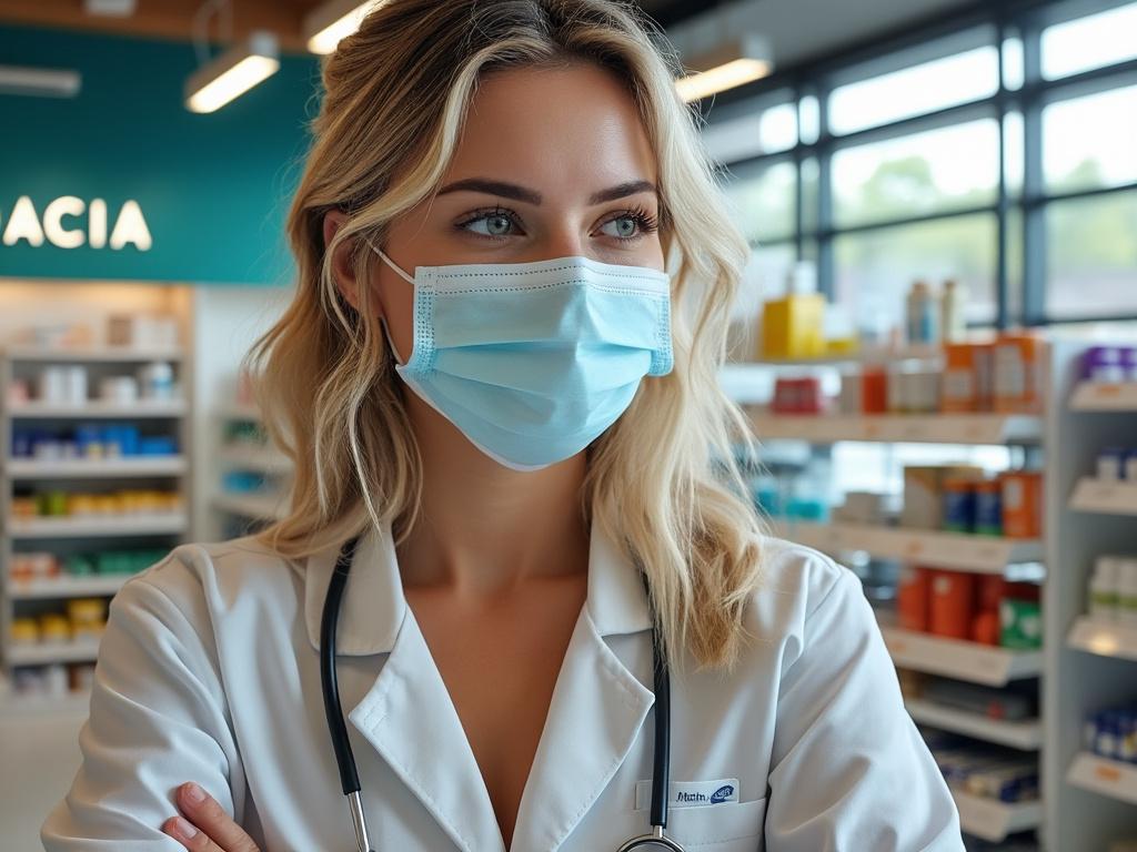 Doctora con mascarilla en una farmacia, de pie con brazos cruzados, estantes llenos de productos al fondo.